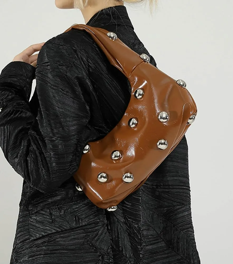 Women Studded Shoulder Bag Pu Leather Rivet Handbag Trendy Underarm Purses Fashion Hobo Bag 2025