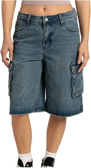 Women Y2K Baggy Denim Shorts Loose Mid Rise Cargo Long Jean Shorts Summer Wide Leg Distressed Carpenter Jorts