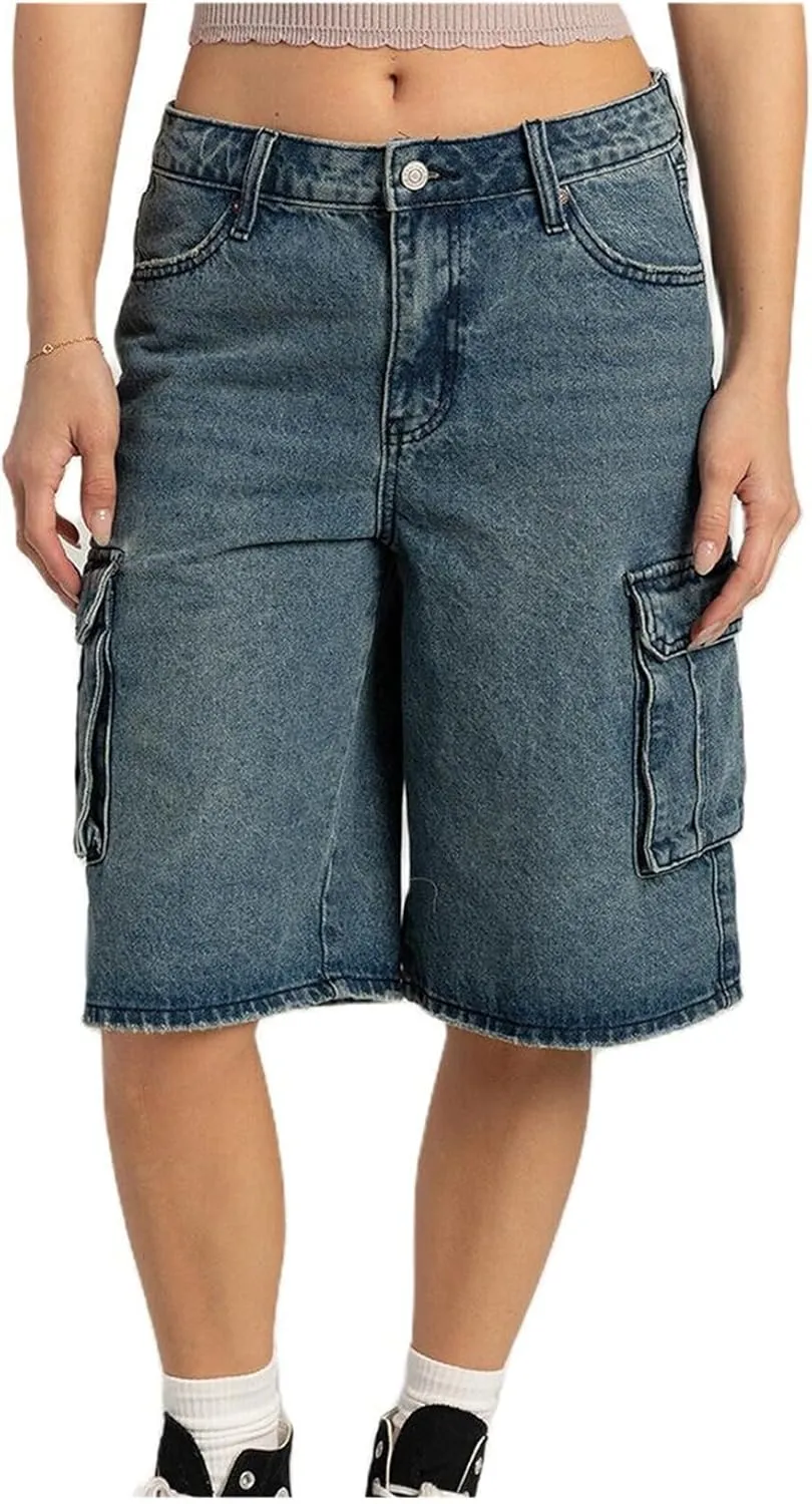 Women Y2K Baggy Denim Shorts Loose Mid Rise Cargo Long Jean Shorts Summer Wide Leg Distressed Carpenter Jorts
