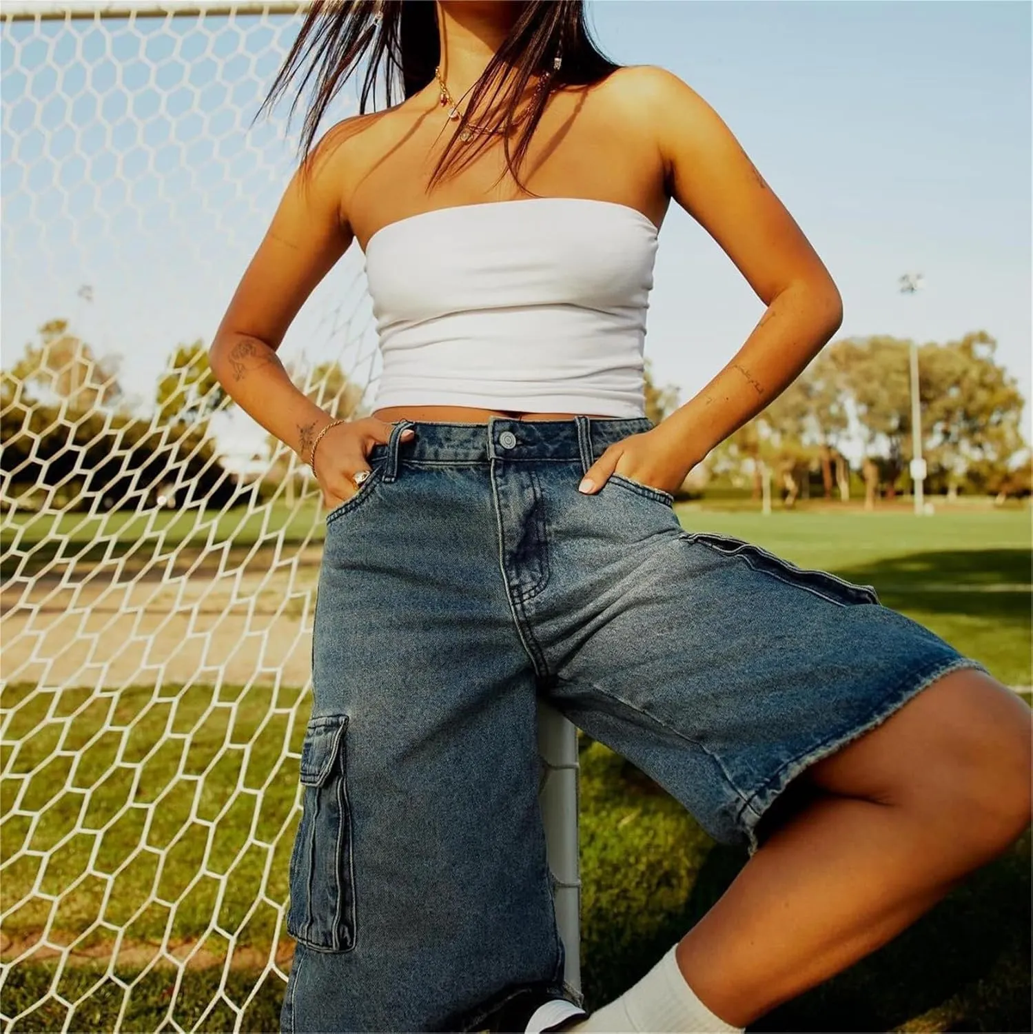 Women Y2K Baggy Denim Shorts Loose Mid Rise Cargo Long Jean Shorts Summer Wide Leg Distressed Carpenter Jorts