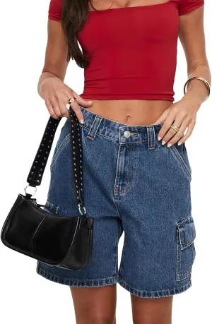 Women Y2k Denim Carpenter Shorts Vintage Low Waisted Wide Leg Baggy Jean Shorts with Pockets Retro Loose Fit Long Jorts