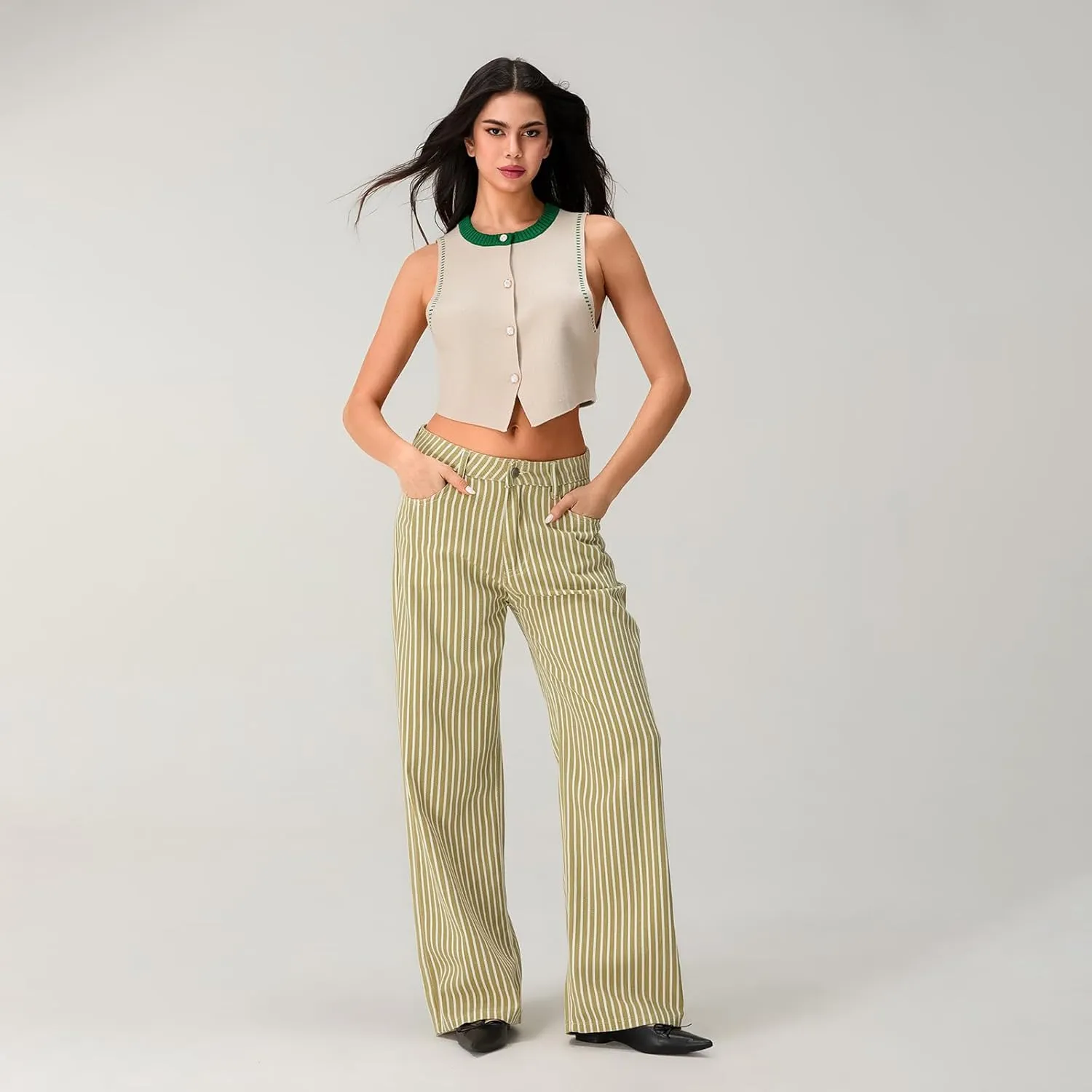 Women Y2k Striped High Rise Jeans Vintage Straight Wide Leg Baggy Boyfriend Bootcut Jeans Denim Pants with Pockets