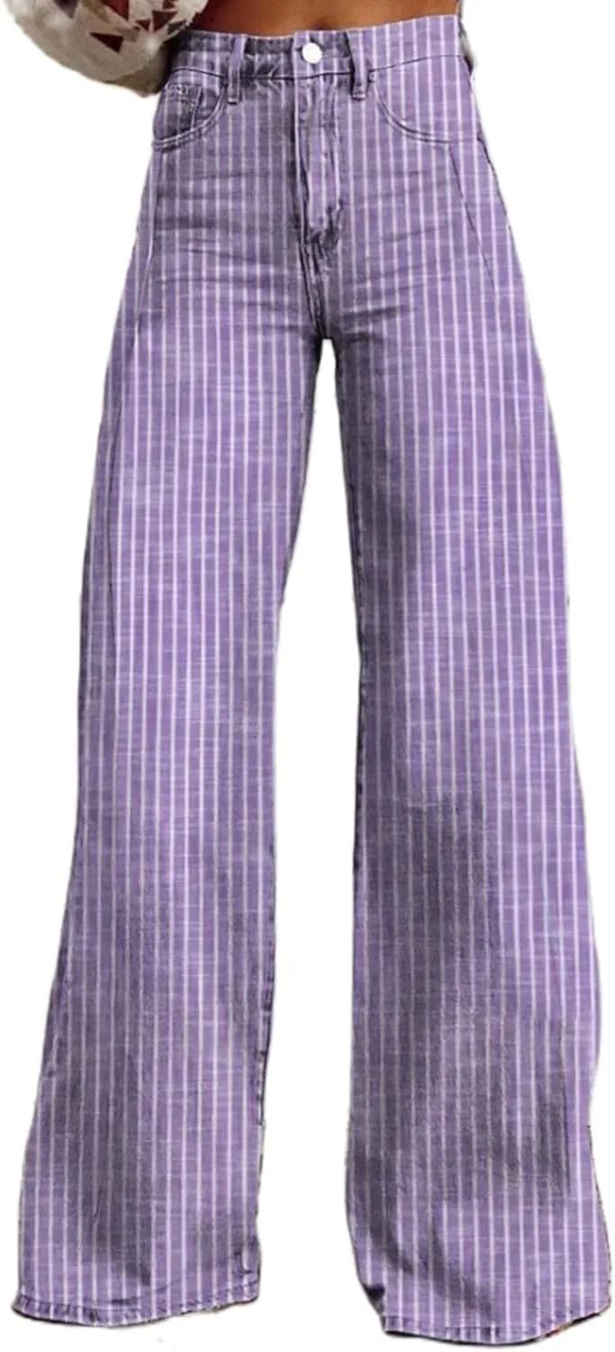 Women Y2k Striped High Rise Jeans Vintage Straight Wide Leg Baggy Boyfriend Bootcut Jeans Denim Pants with Pockets
