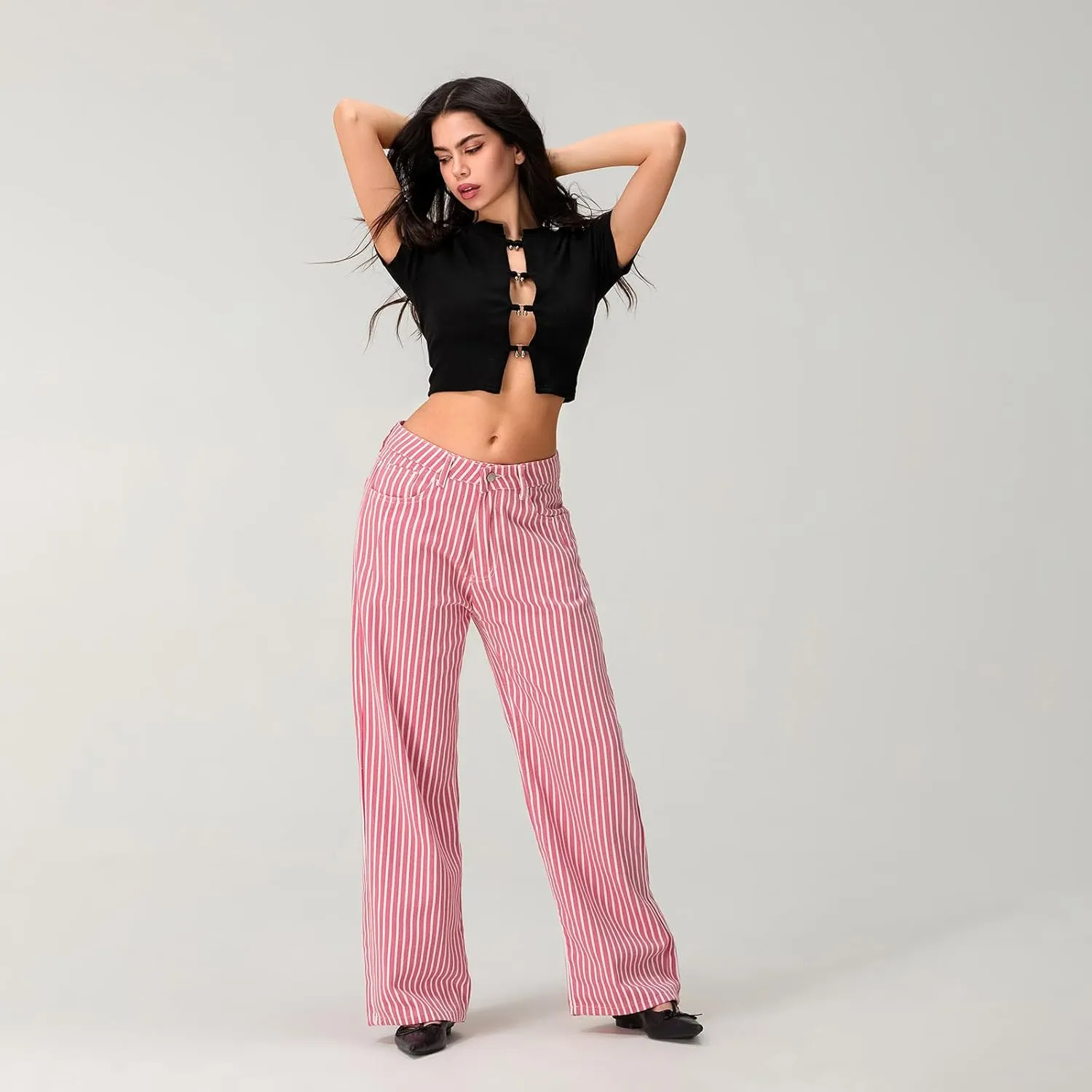 Women Y2k Striped High Rise Jeans Vintage Straight Wide Leg Baggy Boyfriend Bootcut Jeans Denim Pants with Pockets