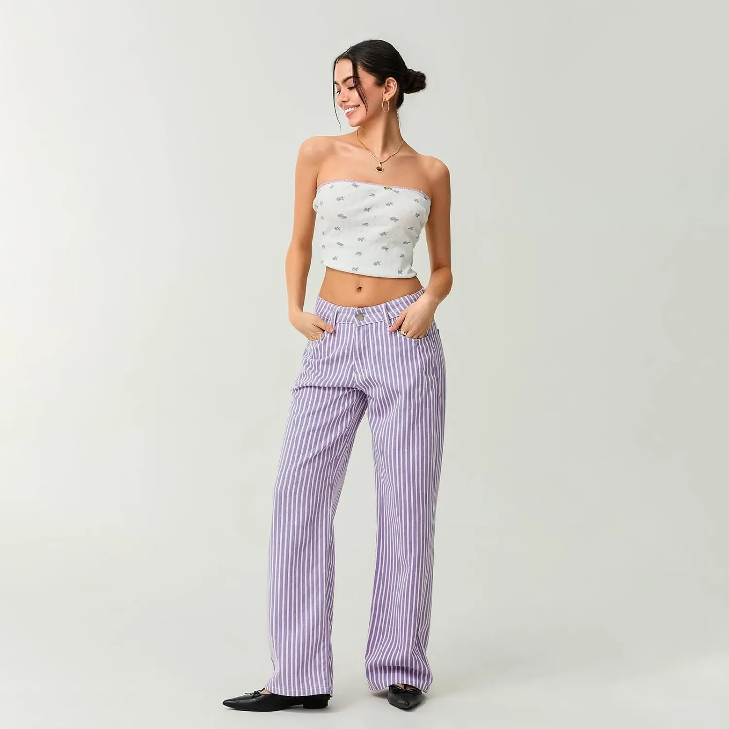 Women Y2k Striped High Rise Jeans Vintage Straight Wide Leg Baggy Boyfriend Bootcut Jeans Denim Pants with Pockets