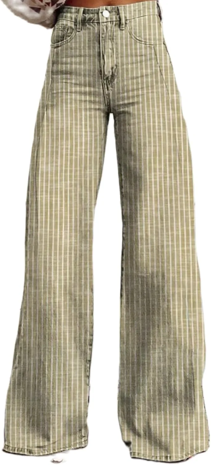 Women Y2k Striped High Rise Jeans Vintage Straight Wide Leg Baggy Boyfriend Bootcut Jeans Denim Pants with Pockets