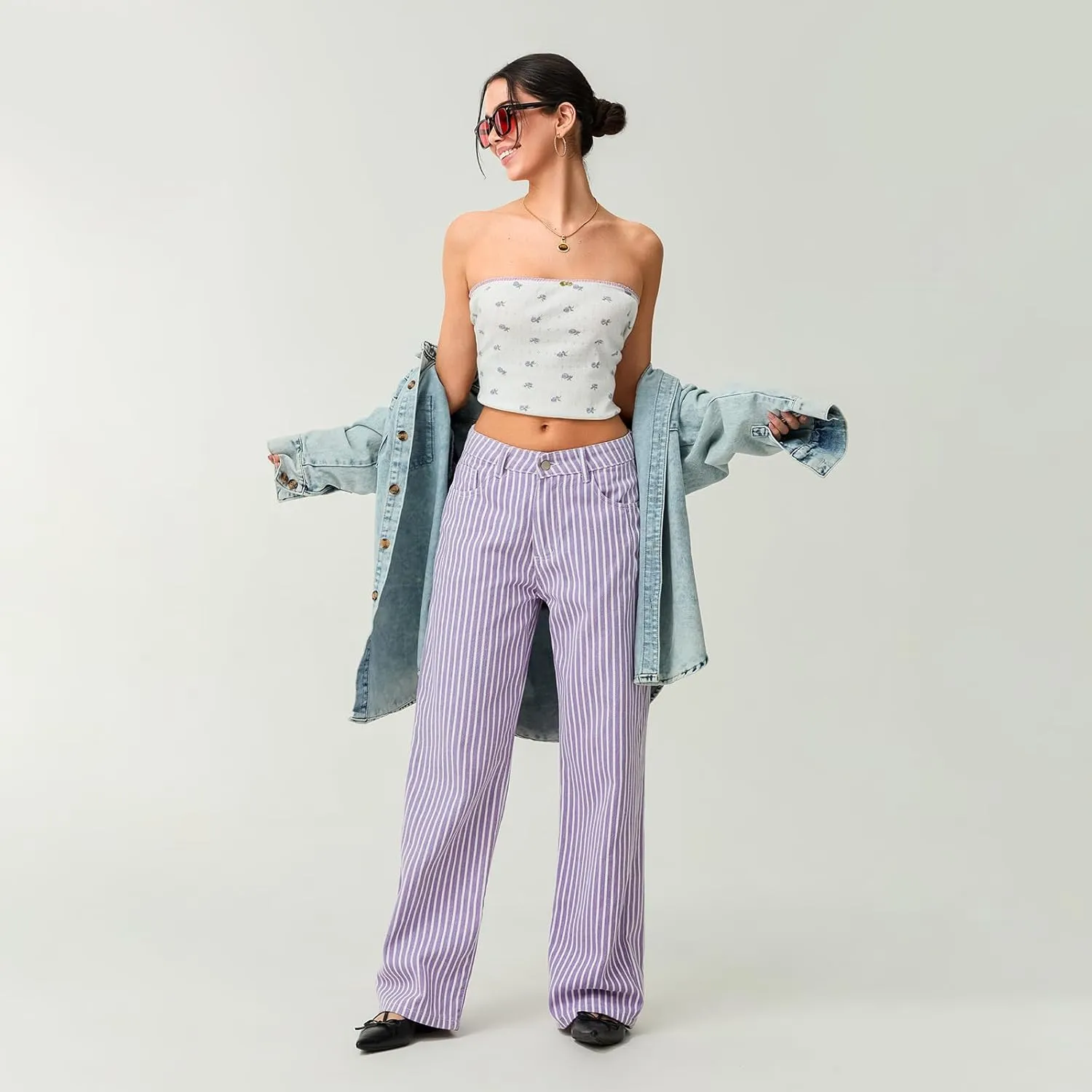 Women Y2k Striped High Rise Jeans Vintage Straight Wide Leg Baggy Boyfriend Bootcut Jeans Denim Pants with Pockets