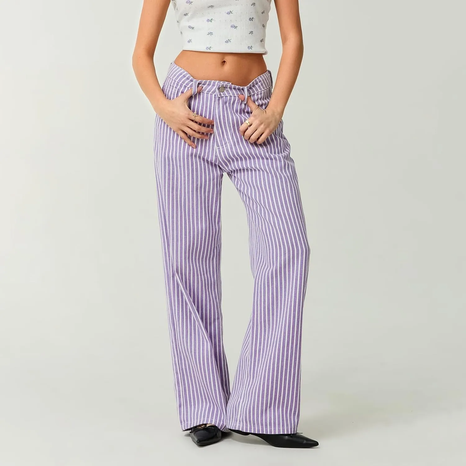 Women Y2k Striped High Rise Jeans Vintage Straight Wide Leg Baggy Boyfriend Bootcut Jeans Denim Pants with Pockets
