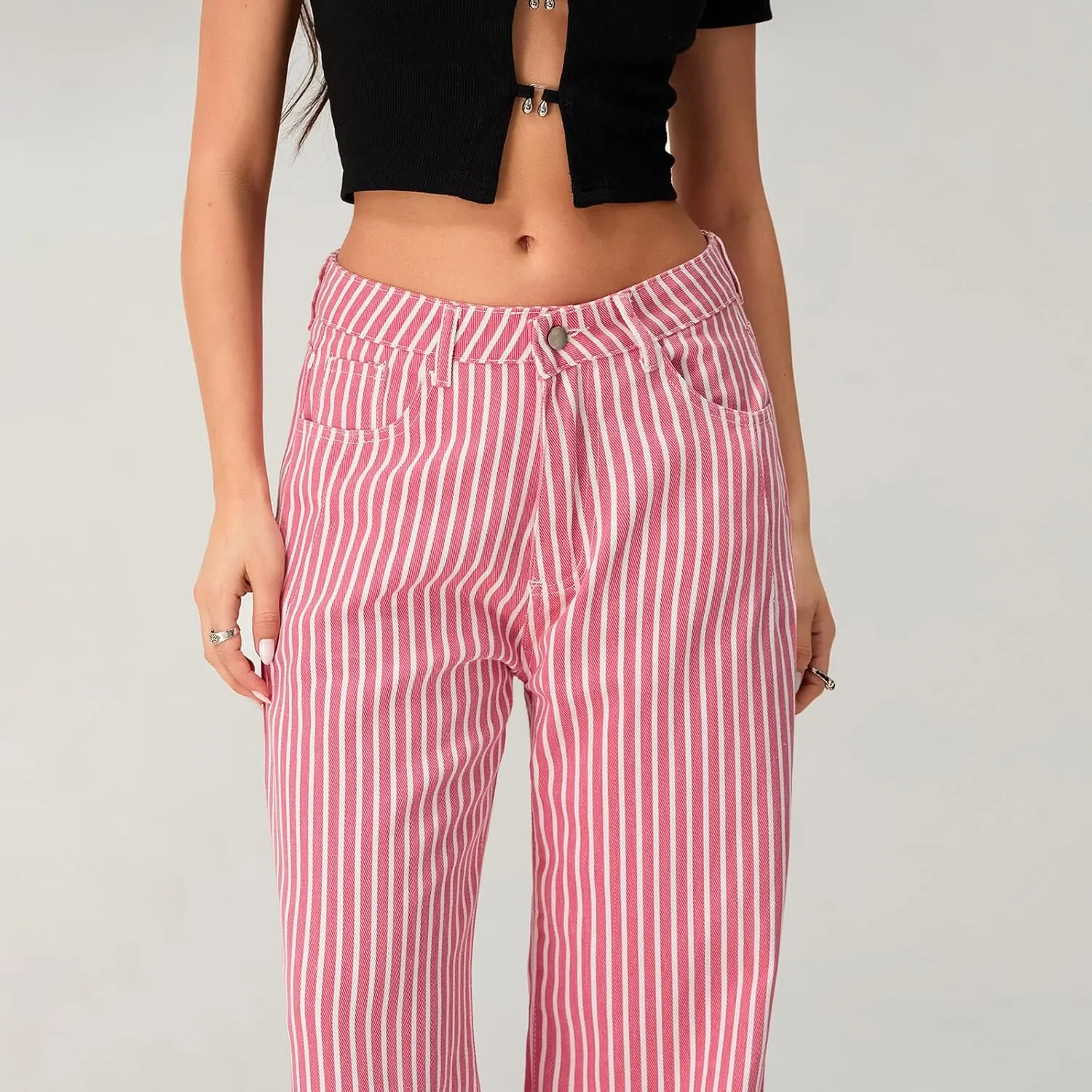 Women Y2k Striped High Rise Jeans Vintage Straight Wide Leg Baggy Boyfriend Bootcut Jeans Denim Pants with Pockets