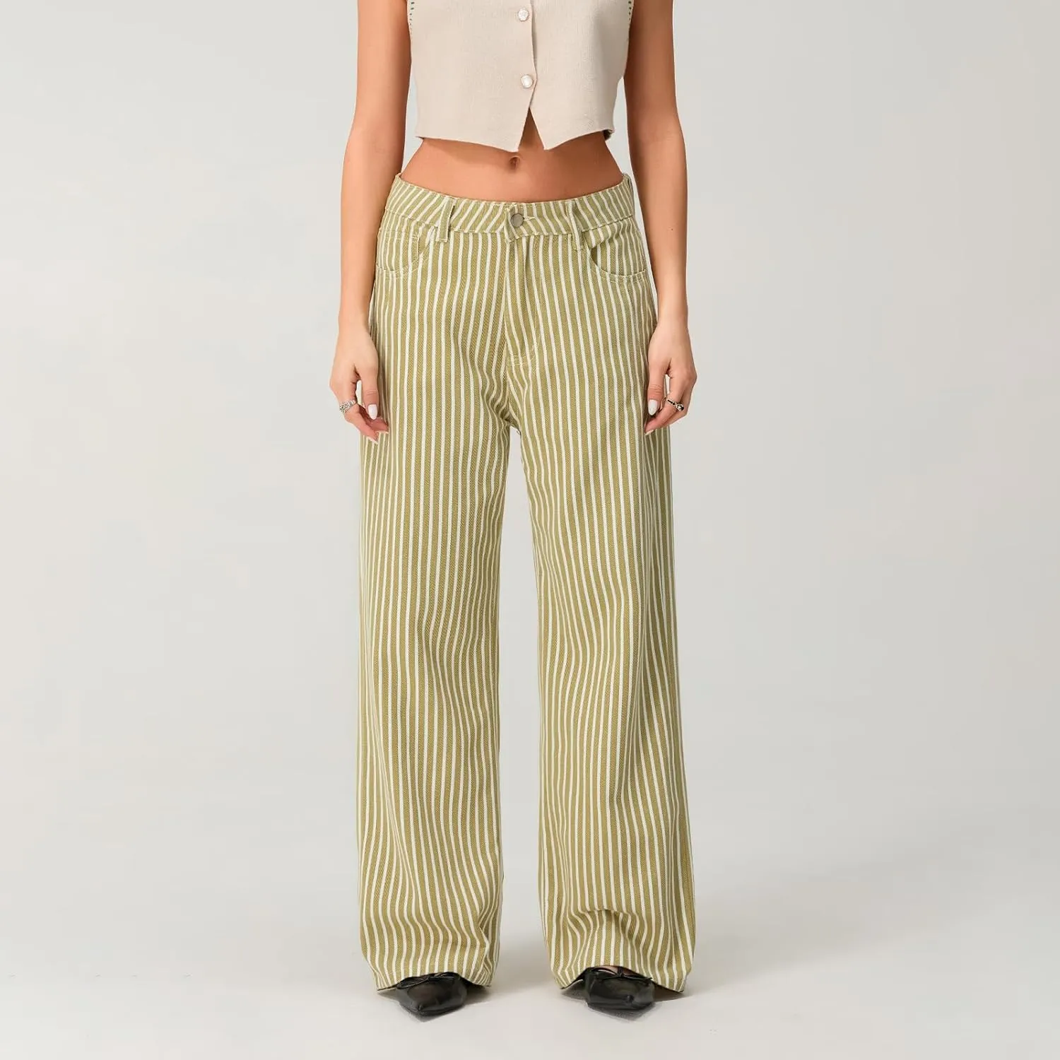 Women Y2k Striped High Rise Jeans Vintage Straight Wide Leg Baggy Boyfriend Bootcut Jeans Denim Pants with Pockets