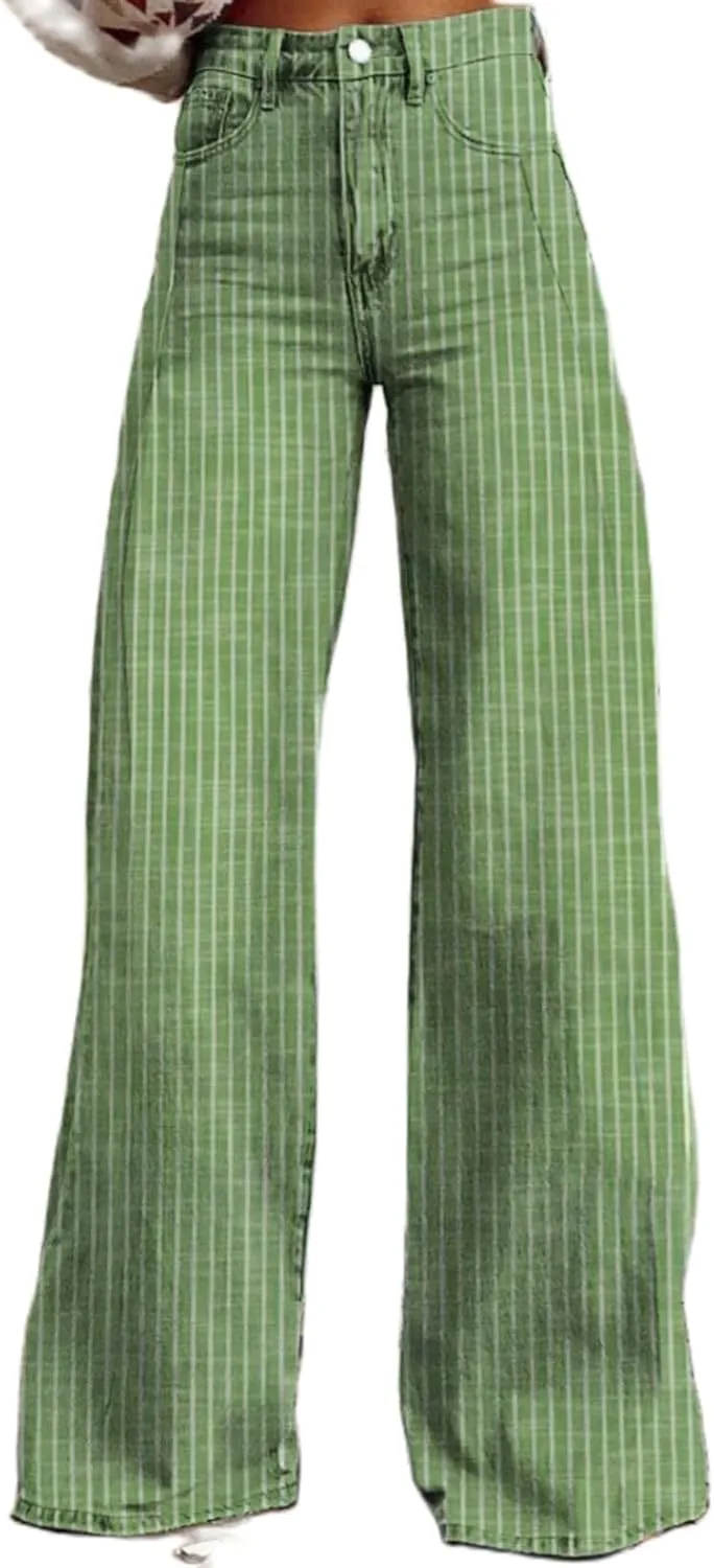 Women Y2k Striped High Rise Jeans Vintage Straight Wide Leg Baggy Boyfriend Bootcut Jeans Denim Pants with Pockets