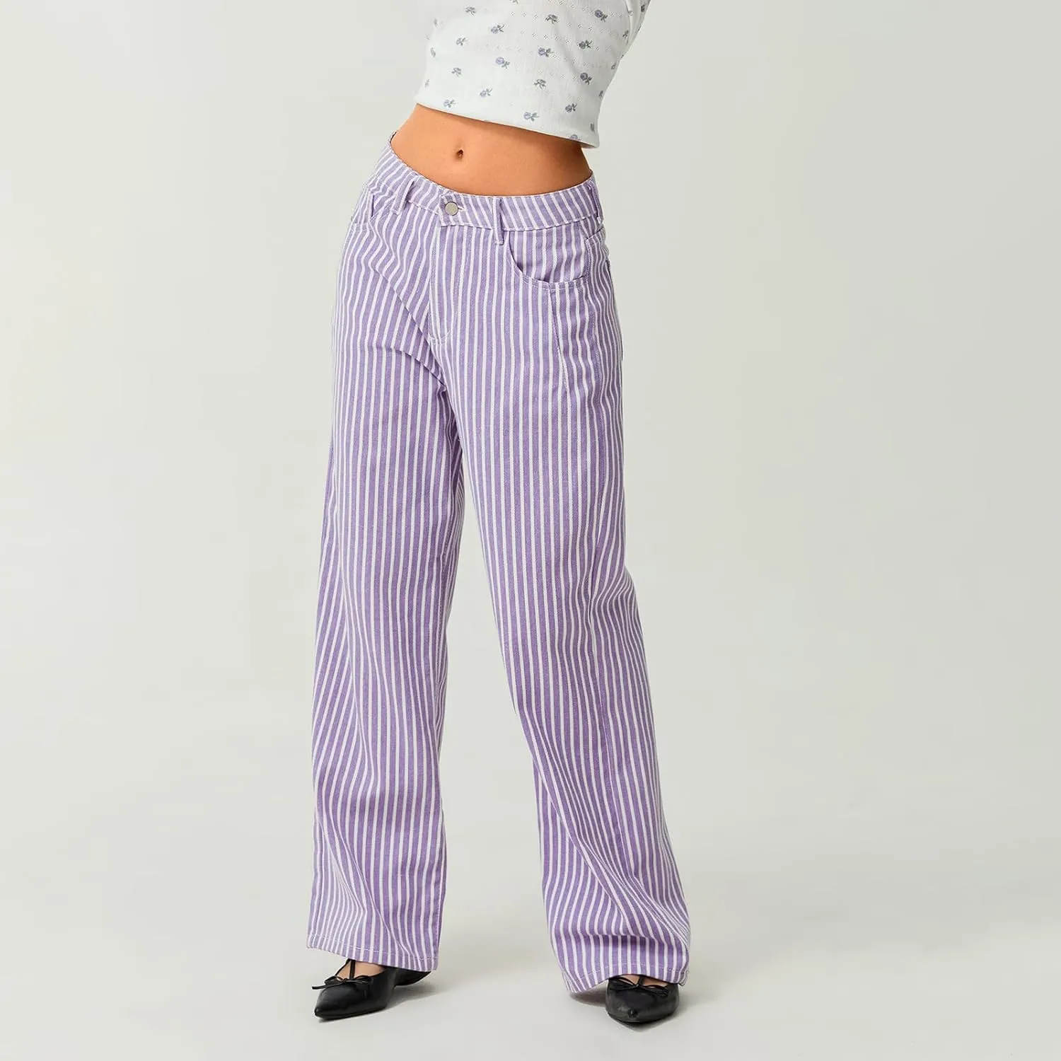Women Y2k Striped High Rise Jeans Vintage Straight Wide Leg Baggy Boyfriend Bootcut Jeans Denim Pants with Pockets