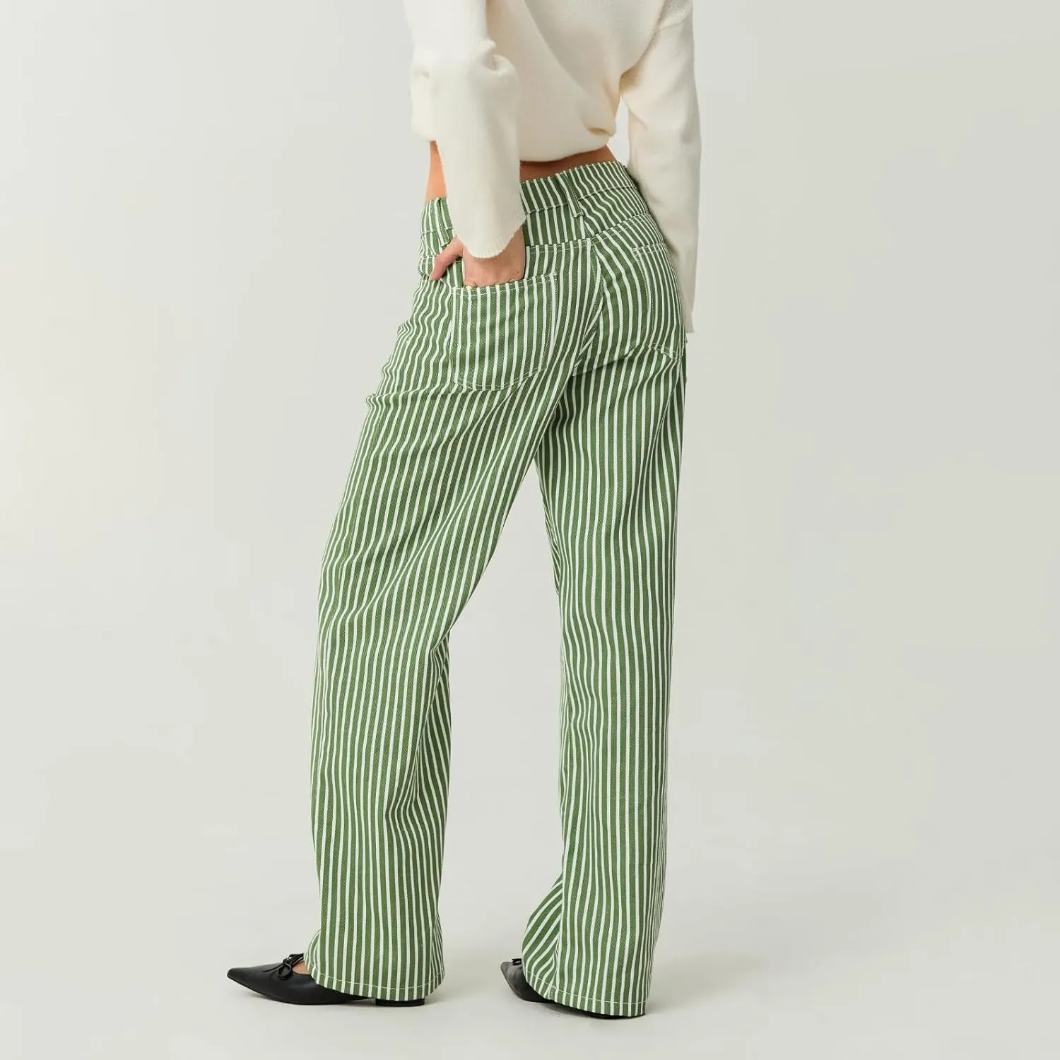 Women Y2k Striped High Rise Jeans Vintage Straight Wide Leg Baggy Boyfriend Bootcut Jeans Denim Pants with Pockets