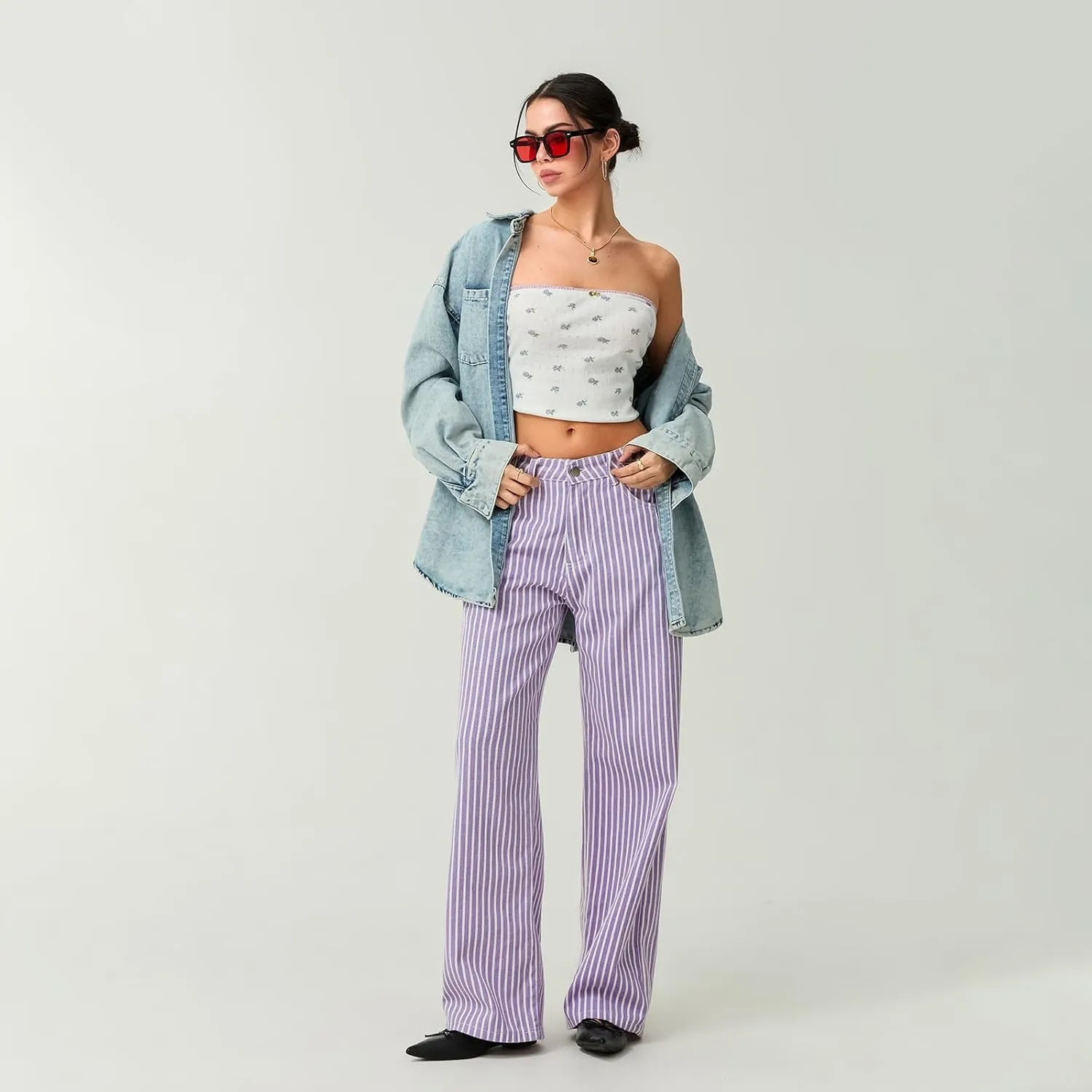 Women Y2k Striped High Rise Jeans Vintage Straight Wide Leg Baggy Boyfriend Bootcut Jeans Denim Pants with Pockets