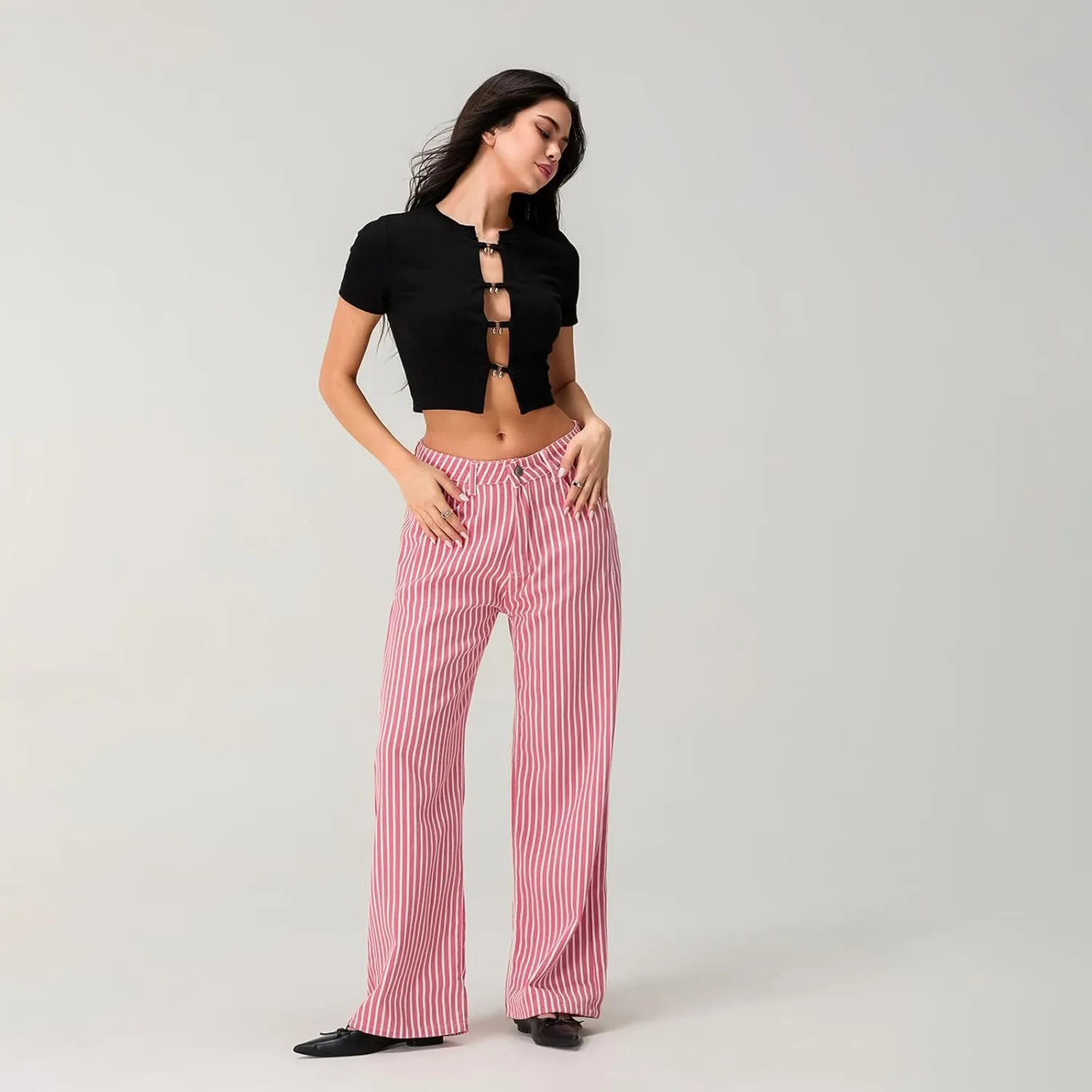 Women Y2k Striped High Rise Jeans Vintage Straight Wide Leg Baggy Boyfriend Bootcut Jeans Denim Pants with Pockets