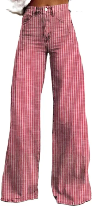 Women Y2k Striped High Rise Jeans Vintage Straight Wide Leg Baggy Boyfriend Bootcut Jeans Denim Pants with Pockets