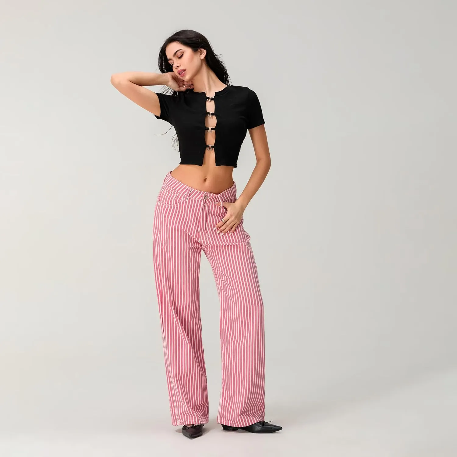 Women Y2k Striped High Rise Jeans Vintage Straight Wide Leg Baggy Boyfriend Bootcut Jeans Denim Pants with Pockets