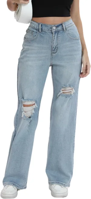 Women’s Baggy Wide Leg Distressed High Waisted Boyfriend Jeans Loose Denim Pant