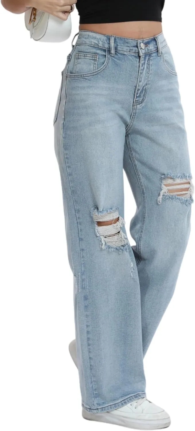 Women’s Baggy Wide Leg Distressed High Waisted Boyfriend Jeans Loose Denim Pant