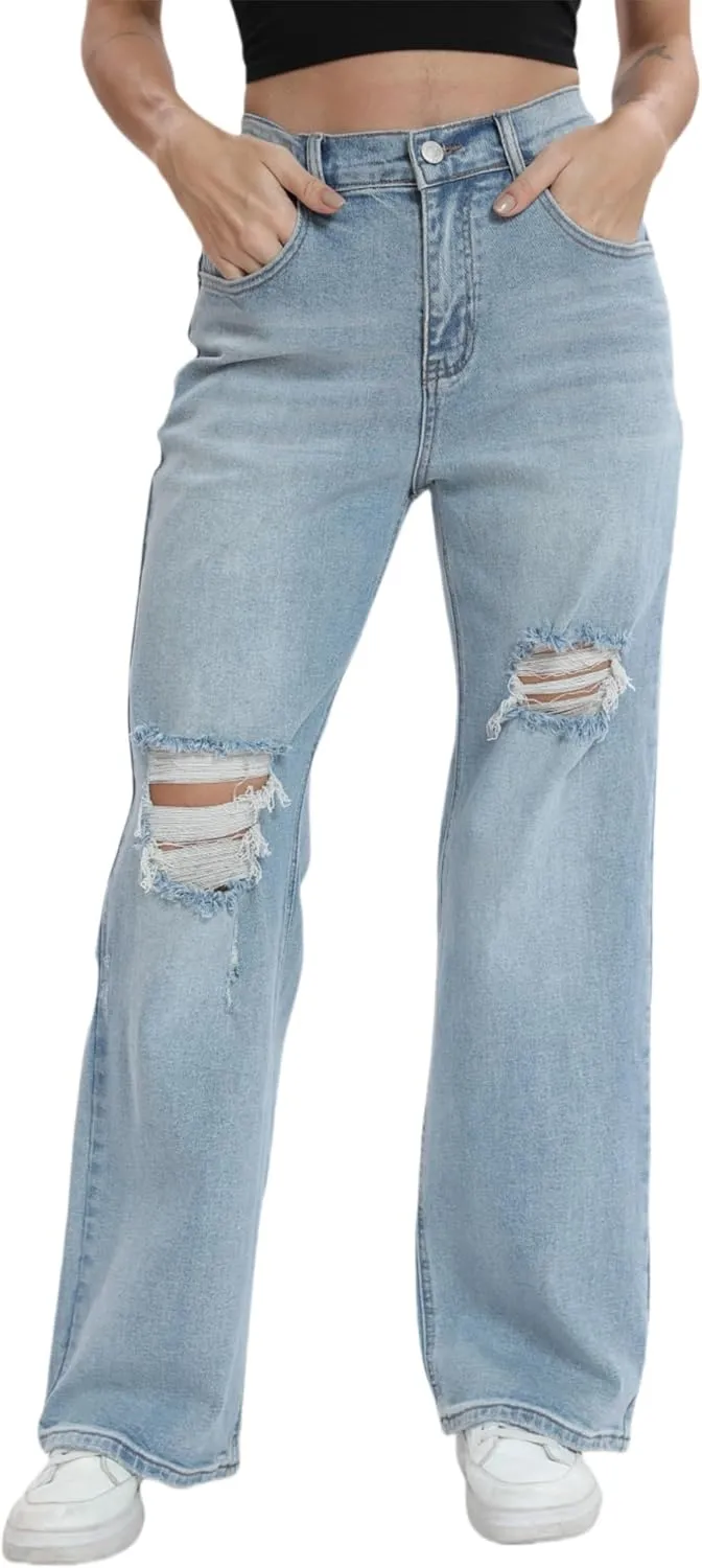 Women’s Baggy Wide Leg Distressed High Waisted Boyfriend Jeans Loose Denim Pant