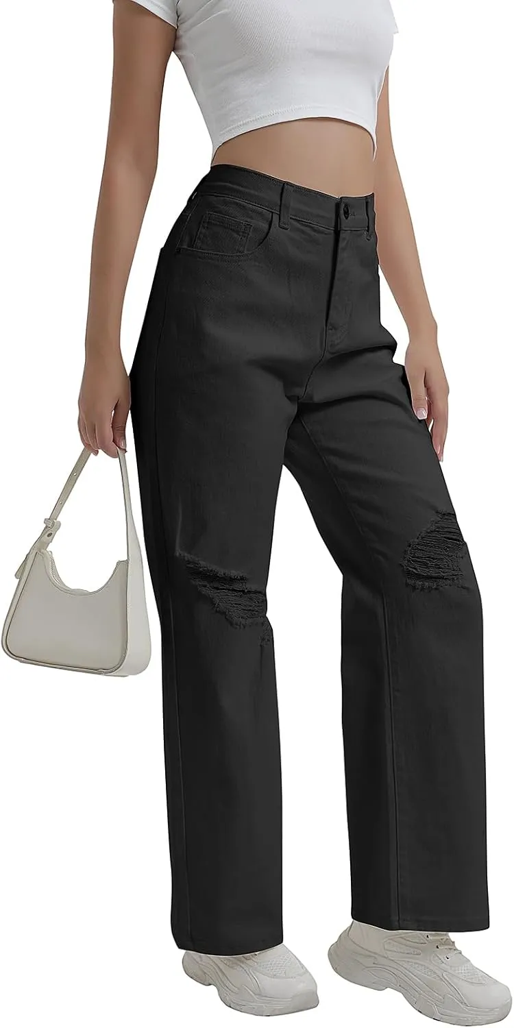 Women’s Baggy Wide Leg Distressed High Waisted Boyfriend Jeans Loose Denim Pant