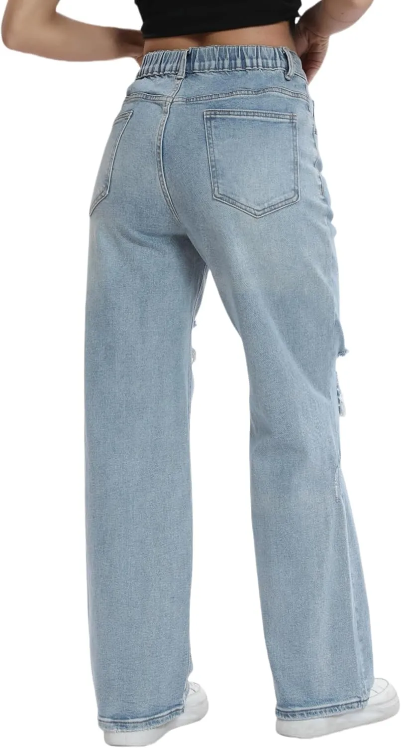Women’s Baggy Wide Leg Distressed High Waisted Boyfriend Jeans Loose Denim Pant