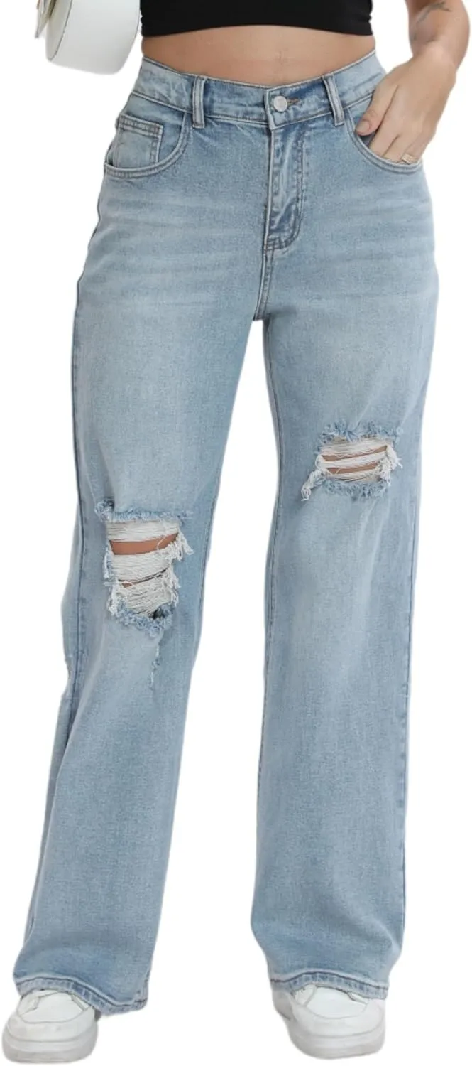 Women’s Baggy Wide Leg Distressed High Waisted Boyfriend Jeans Loose Denim Pant