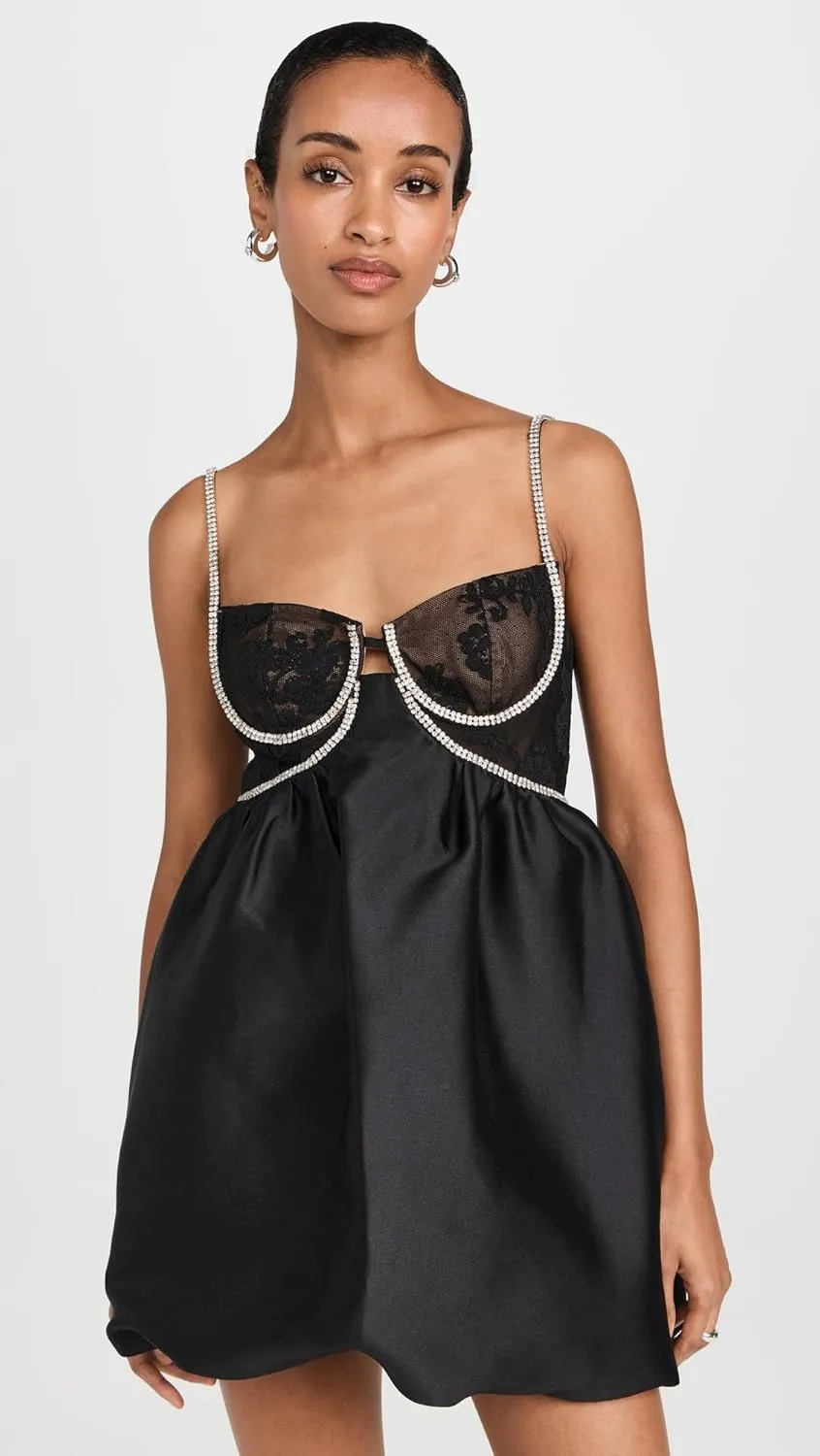 Women's Black Taffetta Diamante Mini Dress