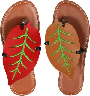 Women's Boho Leaf Appliques Thong Sandals Open Toe Outdoor Flip Flops Casual Slippers