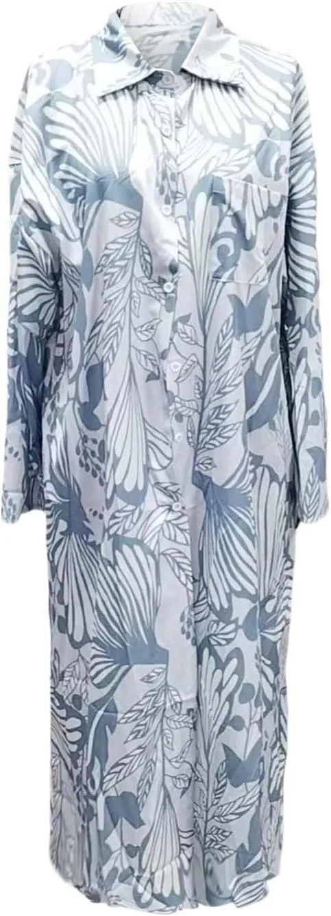 Womens Boho Shirt Dress Casual Summer Spring Floral Print Button Down Roll Up Sleeve Maxi Dress Beach Coverup Tunic