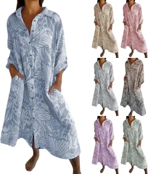 Womens Boho Shirt Dress Casual Summer Spring Floral Print Button Down Roll Up Sleeve Maxi Dress Beach Coverup Tunic