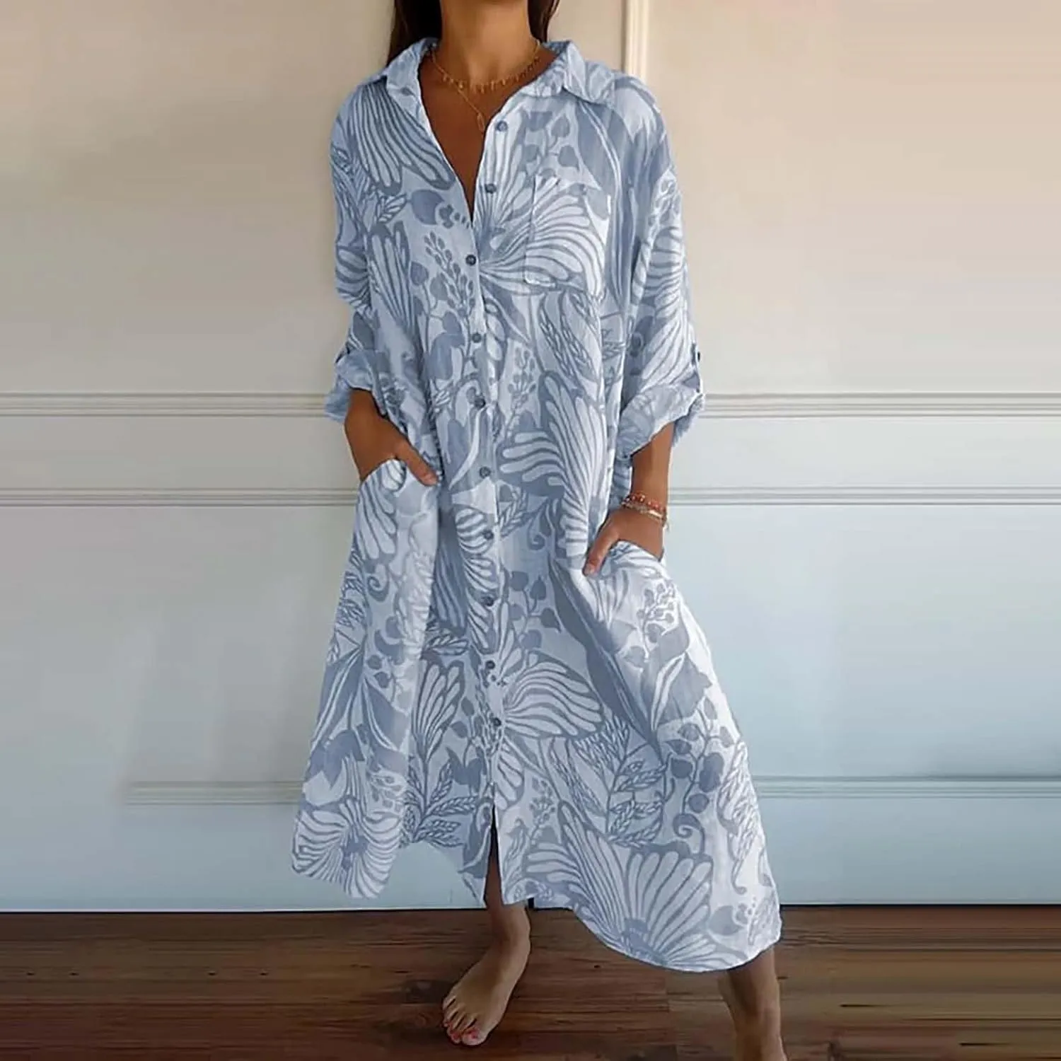 Womens Boho Shirt Dress Casual Summer Spring Floral Print Button Down Roll Up Sleeve Maxi Dress Beach Coverup Tunic