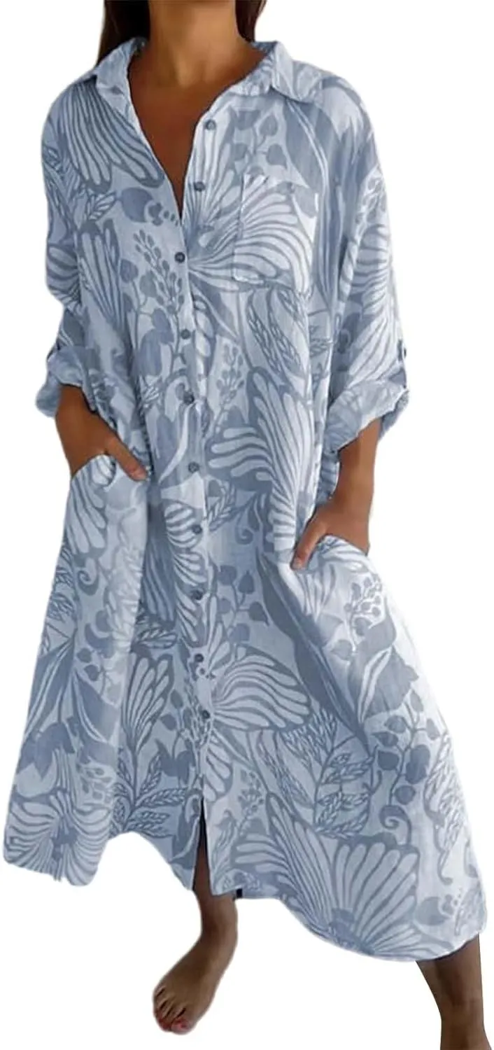 Womens Boho Shirt Dress Casual Summer Spring Floral Print Button Down Roll Up Sleeve Maxi Dress Beach Coverup Tunic