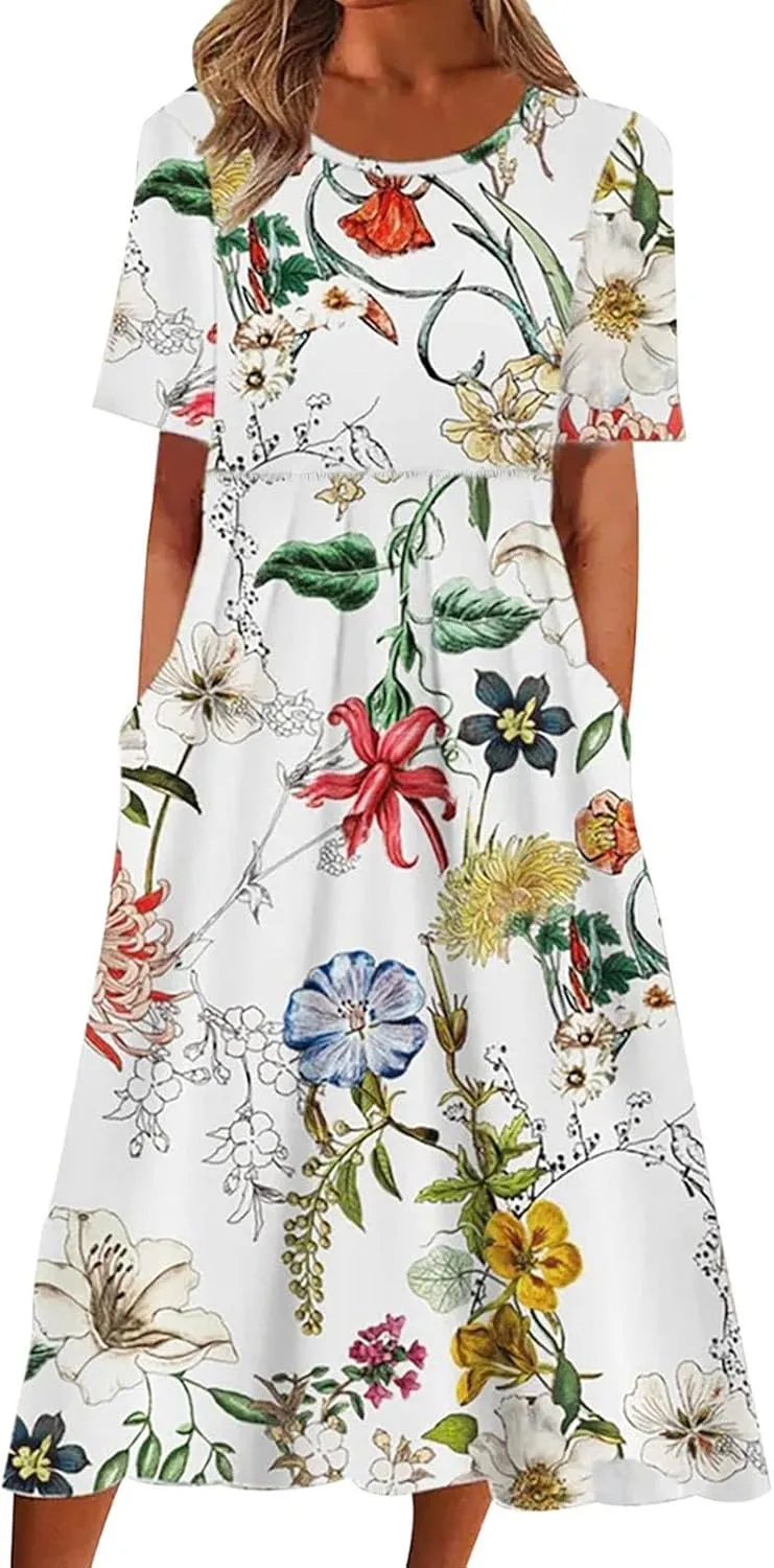 Womens Boho Summer Long Dresses Casual Floral Pleated Flowy midi Dresses Trendy Beach Vacation 2024 Clothes