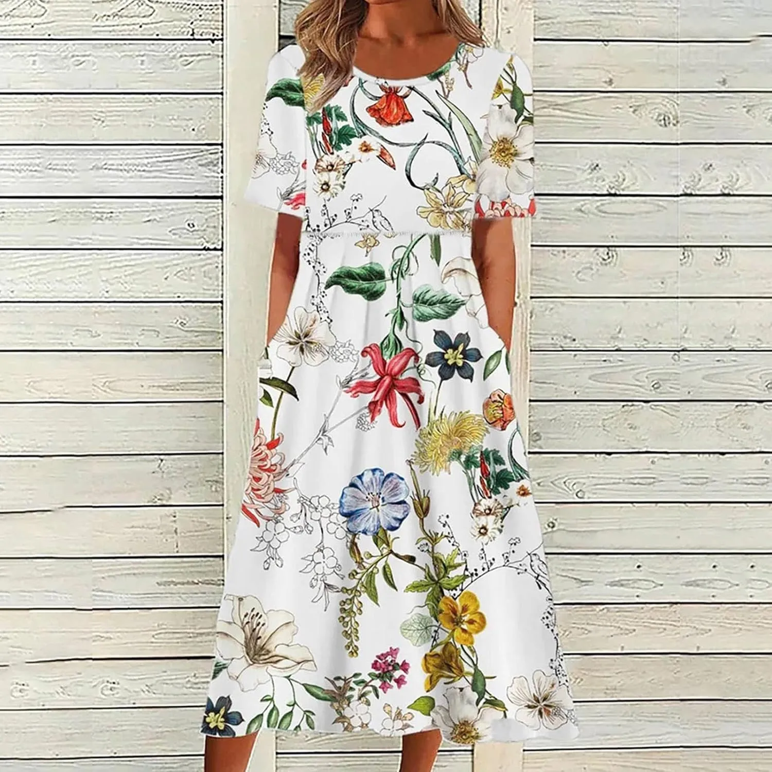 Womens Boho Summer Long Dresses Casual Floral Pleated Flowy midi Dresses Trendy Beach Vacation 2024 Clothes