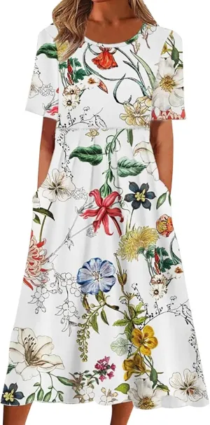 Womens Boho Summer Long Dresses Casual Floral Pleated Flowy midi Dresses Trendy Beach Vacation 2024 Clothes