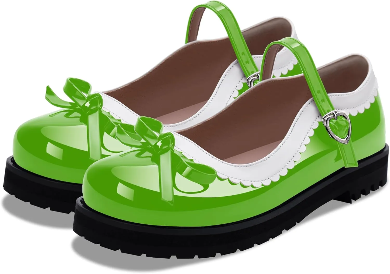 Women's Bow Patent Leather Platform Mary Janes Ankle Strap Closed Toe Kawaii Goth Uniform Flats
