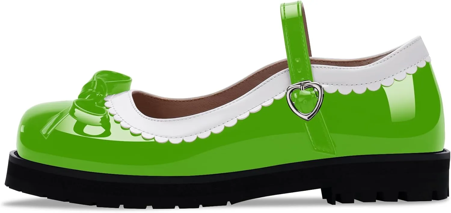 Women's Bow Patent Leather Platform Mary Janes Ankle Strap Closed Toe Kawaii Goth Uniform Flats
