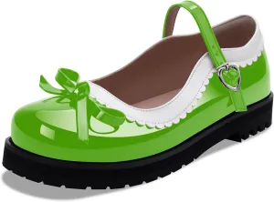 Women's Bow Patent Leather Platform Mary Janes Ankle Strap Closed Toe Kawaii Goth Uniform Flats