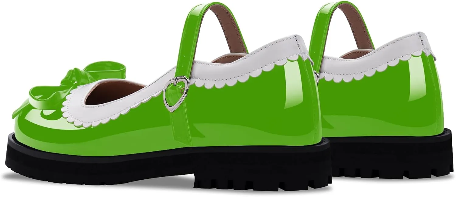 Women's Bow Patent Leather Platform Mary Janes Ankle Strap Closed Toe Kawaii Goth Uniform Flats