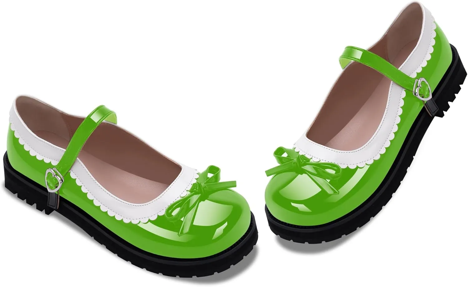 Women's Bow Patent Leather Platform Mary Janes Ankle Strap Closed Toe Kawaii Goth Uniform Flats