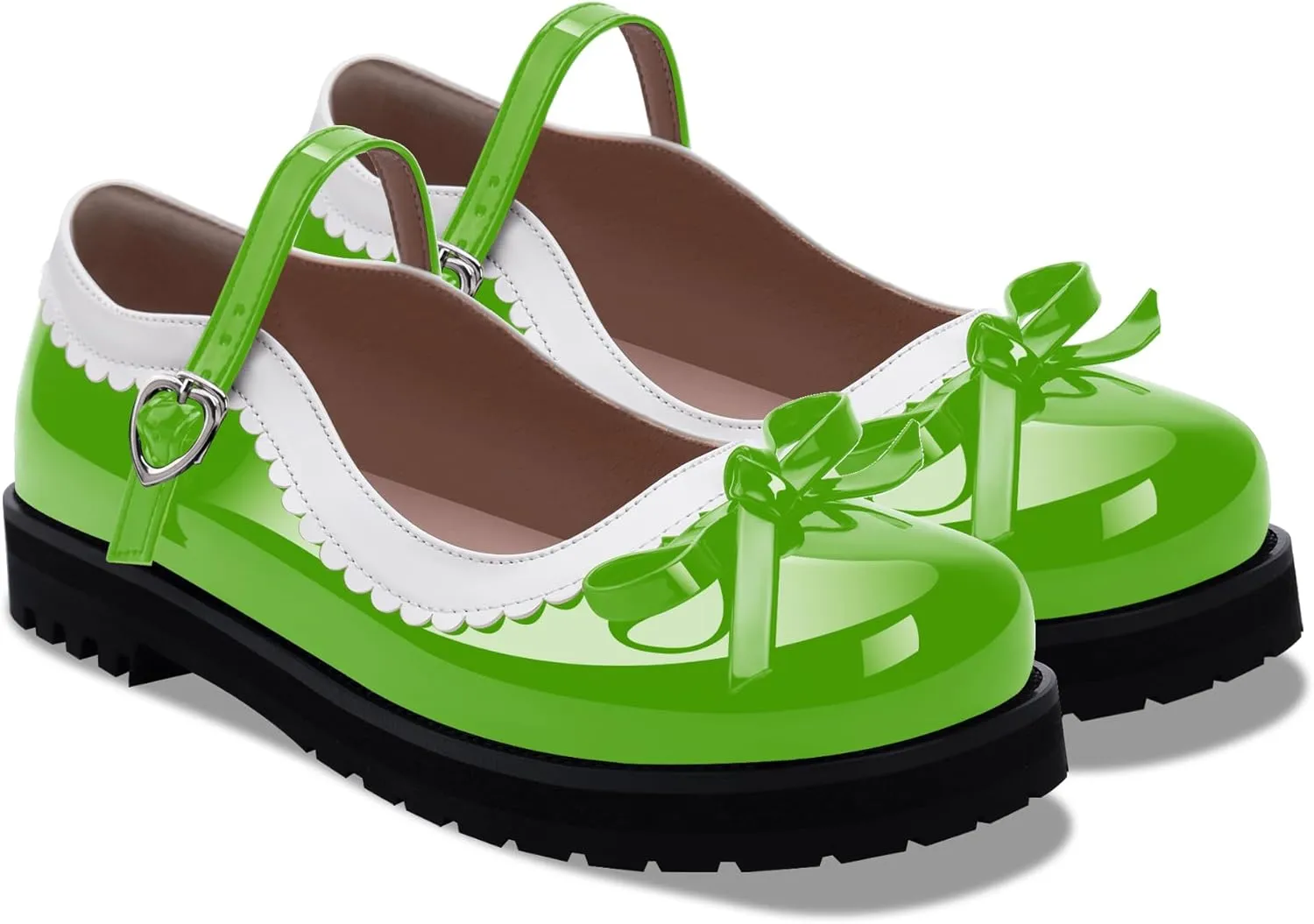 Women's Bow Patent Leather Platform Mary Janes Ankle Strap Closed Toe Kawaii Goth Uniform Flats
