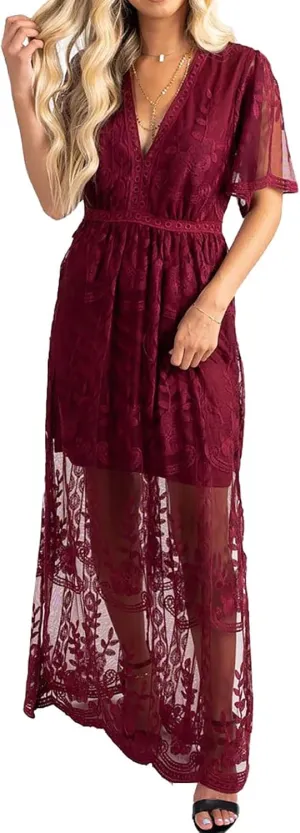 Women's Casual Off Shoulder Lace Maxi Dress Boho White Bridesmaid Wedding Evening Party Dresses