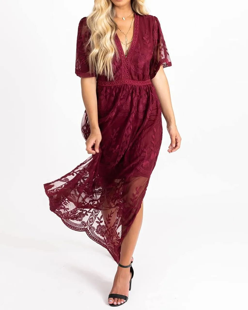 Women's Casual Off Shoulder Lace Maxi Dress Boho White Bridesmaid Wedding Evening Party Dresses