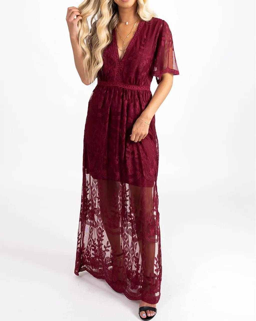 Women's Casual Off Shoulder Lace Maxi Dress Boho White Bridesmaid Wedding Evening Party Dresses