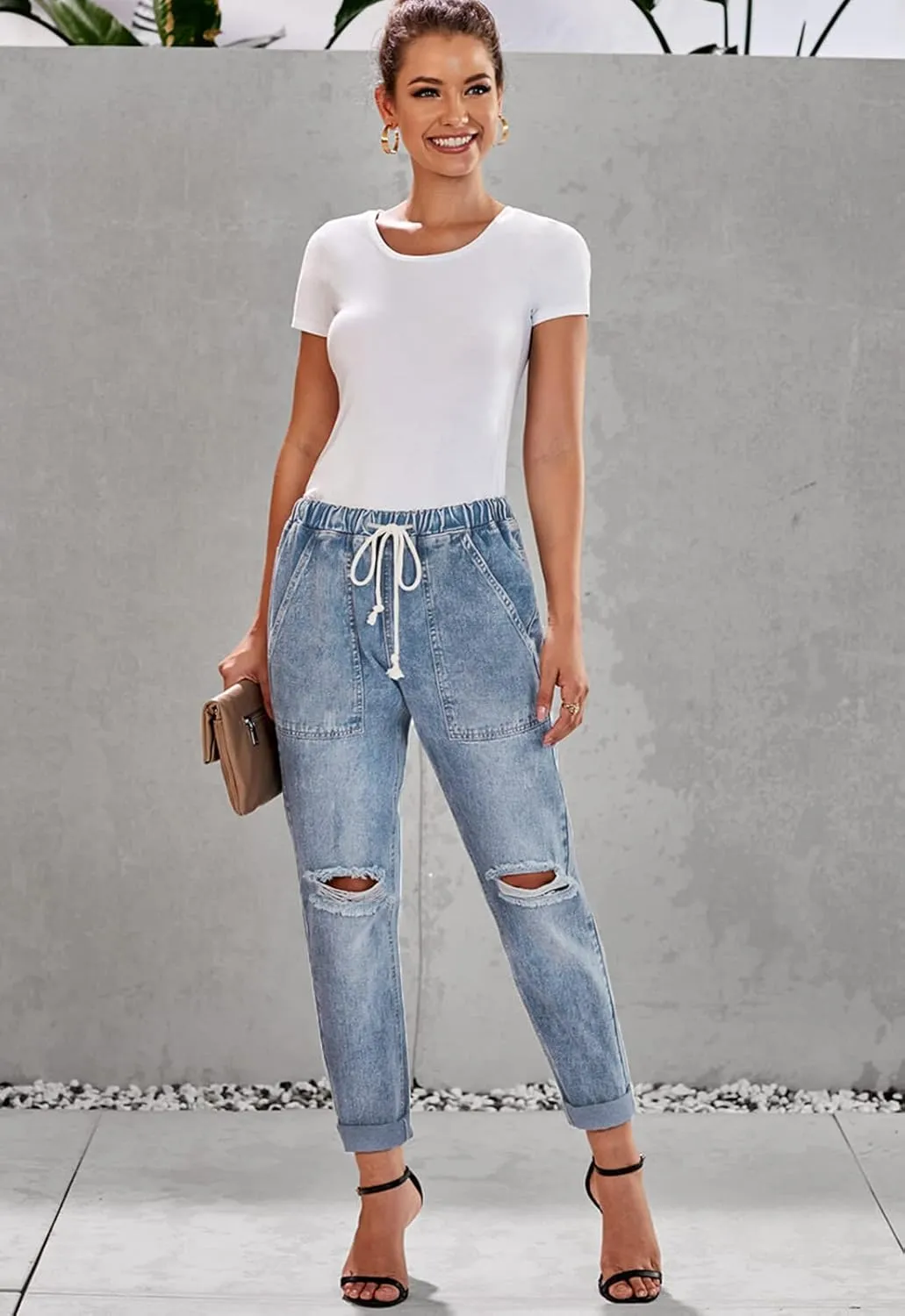 Women’s Casual Pull-on Distressed Stretch Jeans Elastic Waist Jean Denim Joggers Pants
