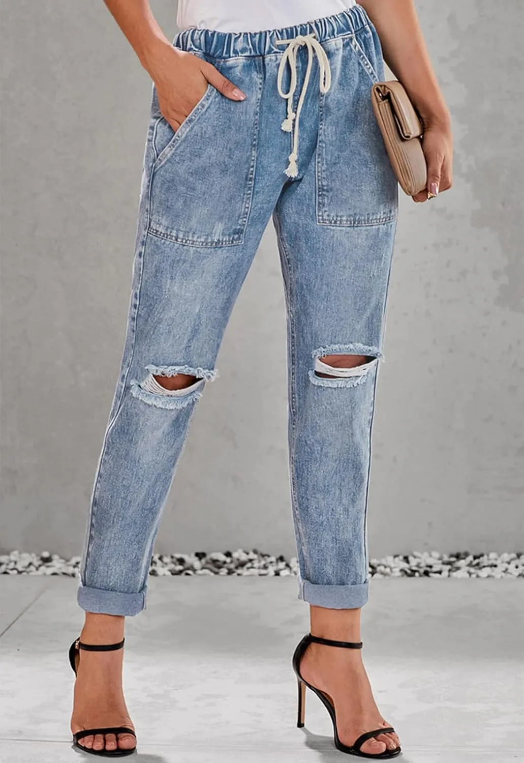 Women’s Casual Pull-on Distressed Stretch Jeans Elastic Waist Jean Denim Joggers Pants