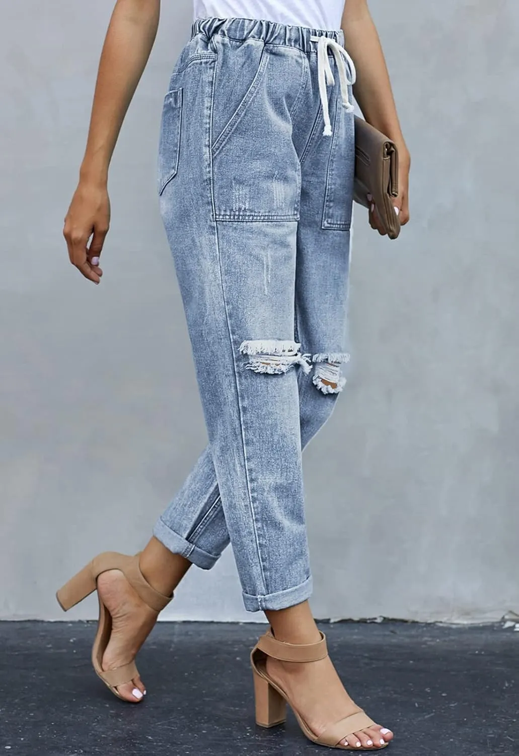 Women’s Casual Pull-on Distressed Stretch Jeans Elastic Waist Jean Denim Joggers Pants