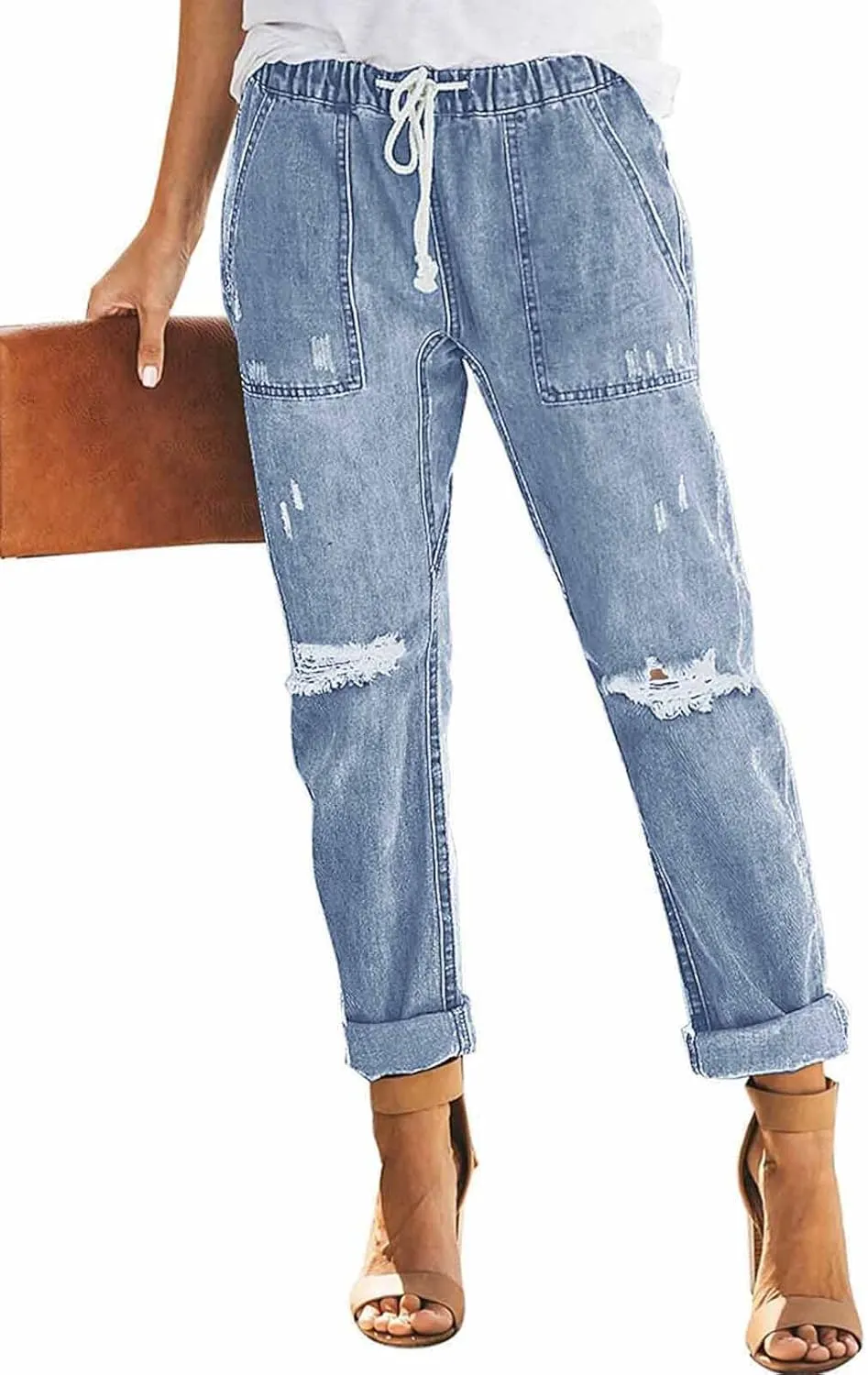Women’s Casual Pull-on Distressed Stretch Jeans Elastic Waist Jean Denim Joggers Pants