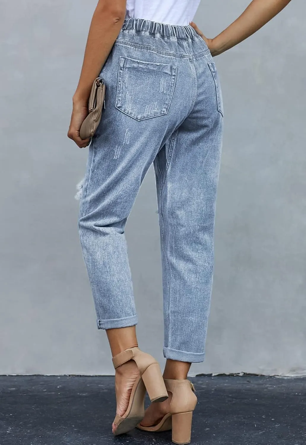 Women’s Casual Pull-on Distressed Stretch Jeans Elastic Waist Jean Denim Joggers Pants